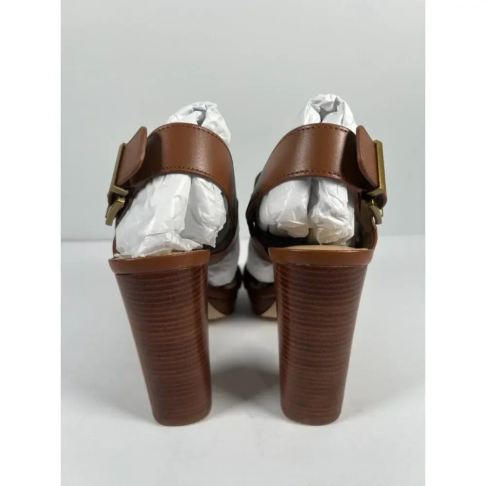 NEW Michael Kors Women's Luggage Leather Becker T Strap‎ Heels Sandal US Size 7M
